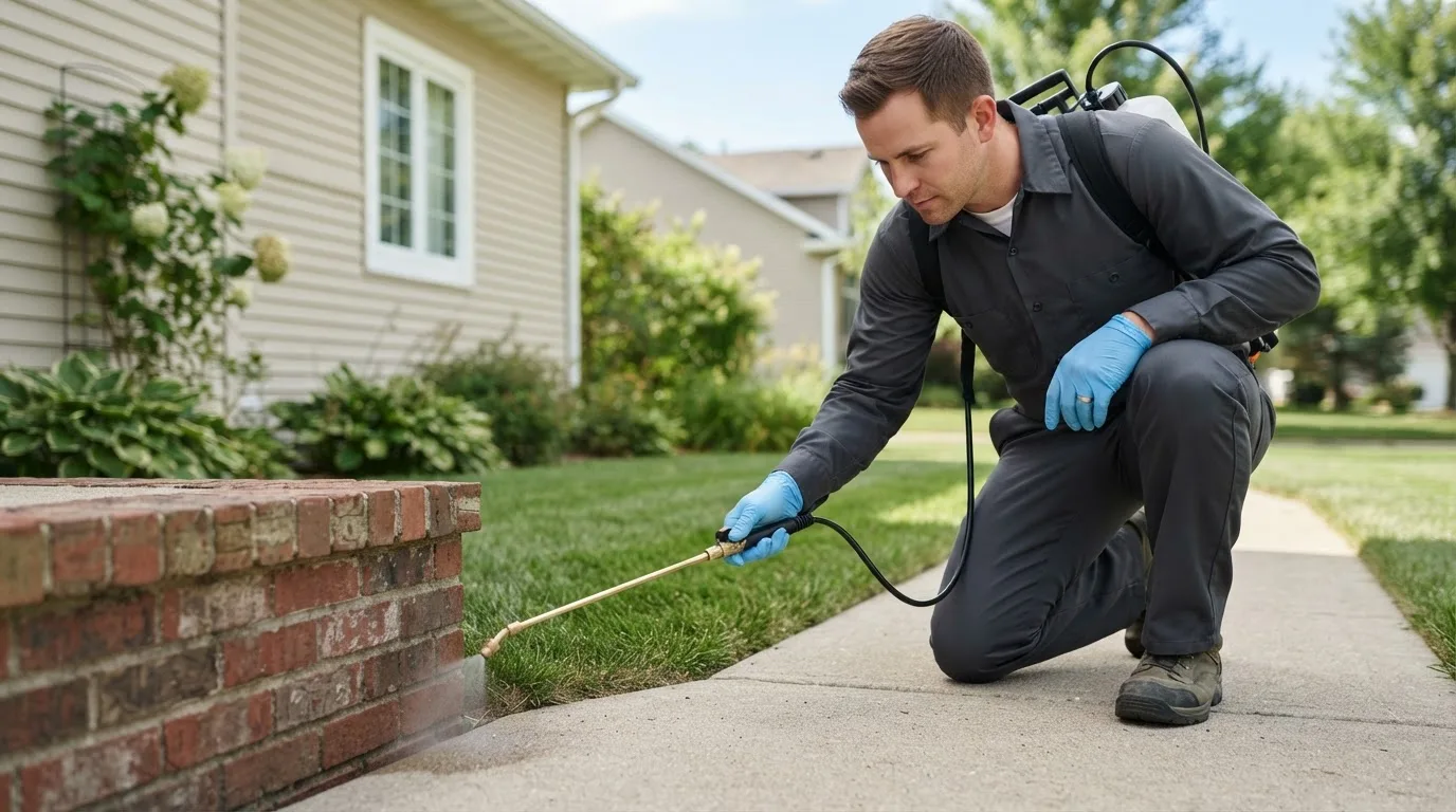 Pest control technician treating a home near Isabel, KS